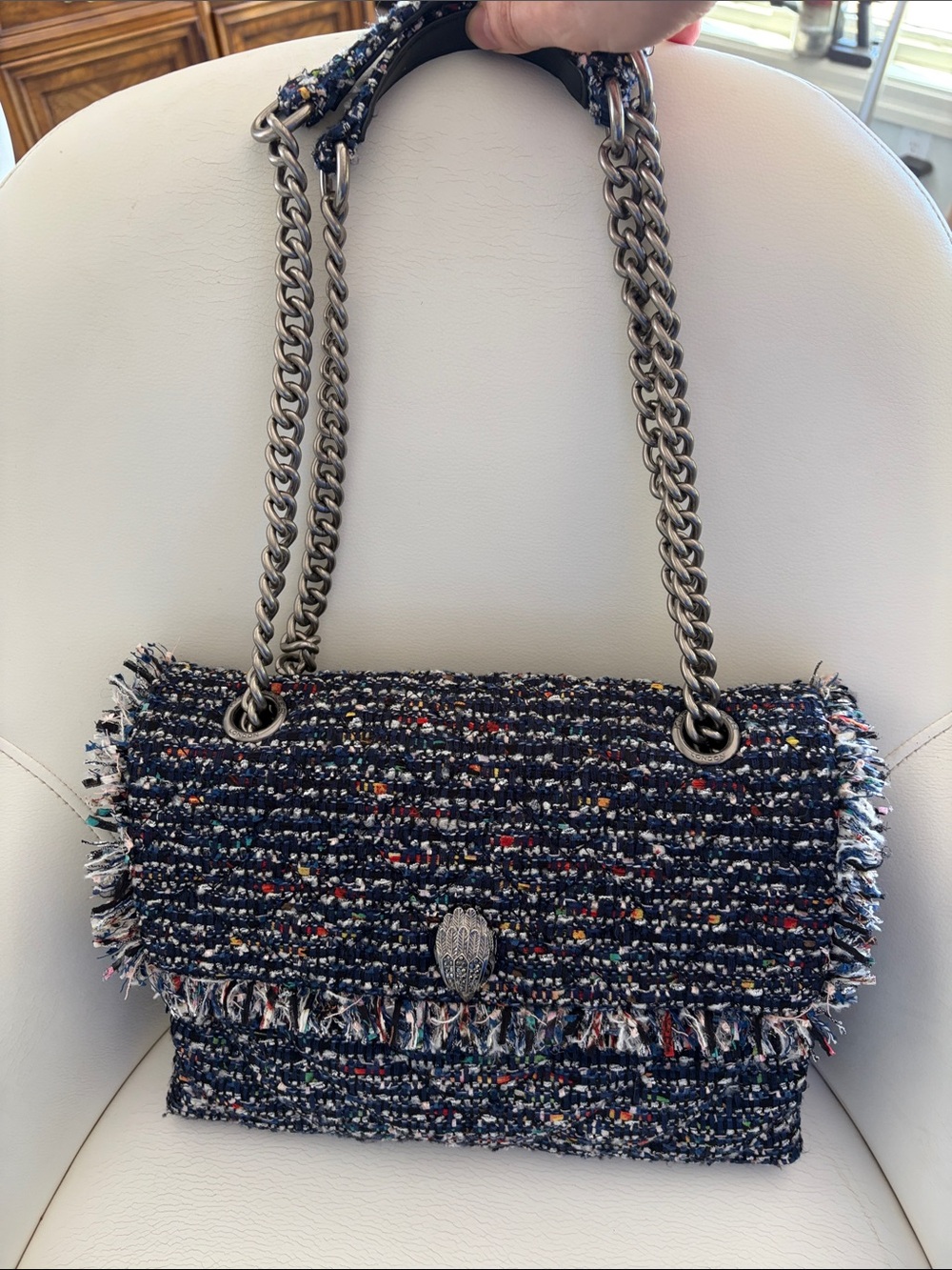 Tweed Chain-Handle Shoulder Bag in Navy Multicolor KURT GEIGER